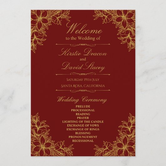 Gouden Sierlijke Bloemen Bruiloft Programmakaart (Voorkant)