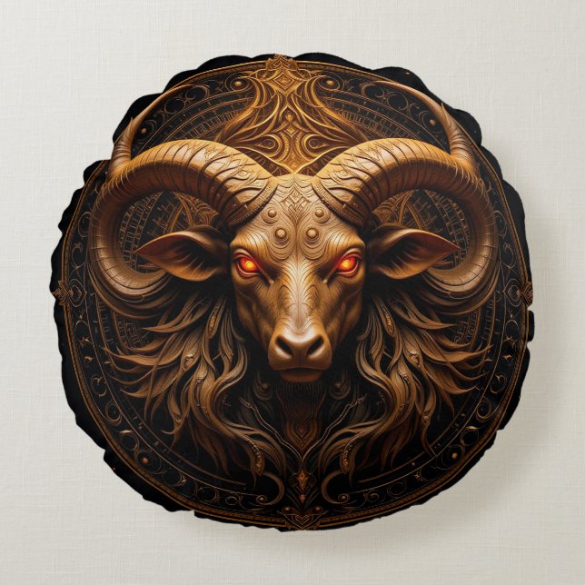 Gouden Sierlijke Ram Kop Rond Kussen (Voorkant)