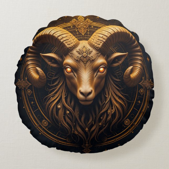Gouden Sierlijke Ram Kop Rond Kussen (Voorkant)