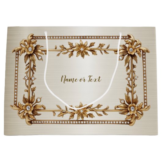 Gouden Sierlijke Rechthoek Diamant Bloemen Glanzen Groot Cadeauzakje (Voorkant)