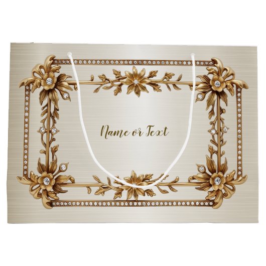 Gouden Sierlijke Rechthoek Diamant Bloemen Glanzen Groot Cadeauzakje (Achterkant)