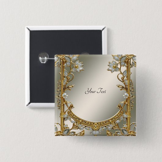 Gouden Sierlijke Witte Bloem Knop Vierkante Button 5,1 Cm (Voorkant /achterkant)