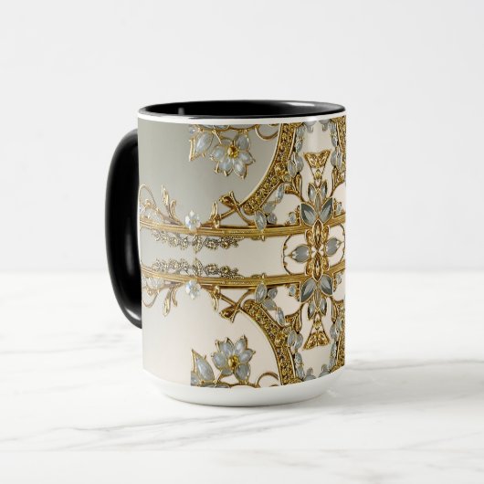 Gouden Sierlijke Witte Bloem Mok (Voorkant links)