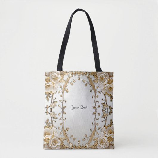 Gouden Sierlijke Witte Bloemen Boodschappentas Tote Bag (Voorkant)