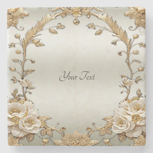 Gouden Sierlijke Witte Bloemen Stenen Onderzetter (Voorkant)
