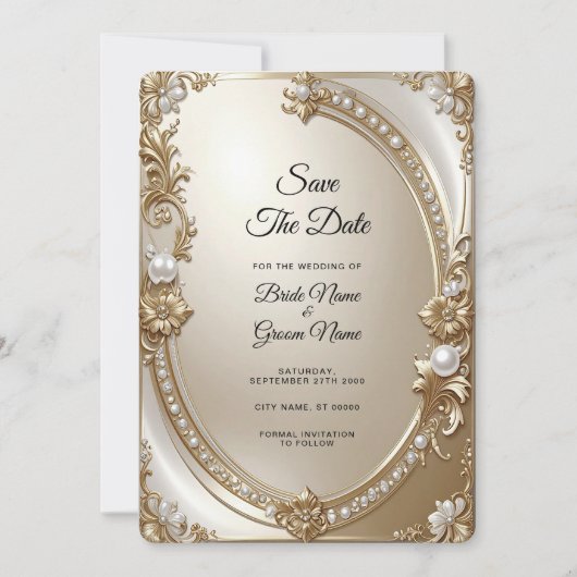 Gouden Sierlijst met Parels Save the Date (Voorkant)