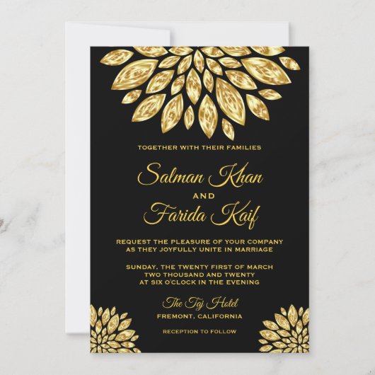 Gouden Siermetaal Bloem Bruiloft Uitnodiging (Voorkant)