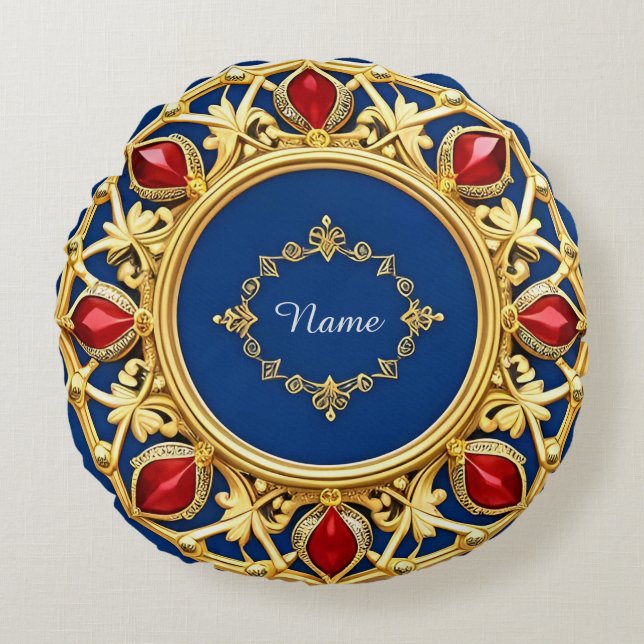 Gouden Sierontwerp Met Rode Edelstenen Rond Kussen (Voorkant)