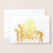  gouden silhouet kerstboom familie folie kaarten (Voorkant met envelop)