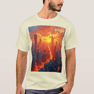 Gouden Silhouet: Stralende Stadsavond Kunst T-shirt