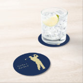 Gouden Silhouette Golfer op Blauw Ronde Kartonnen Onderzetter (Insitu)