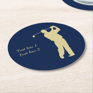 Gouden Silhouette Golfer op Blauw Ronde Kartonnen Onderzetter