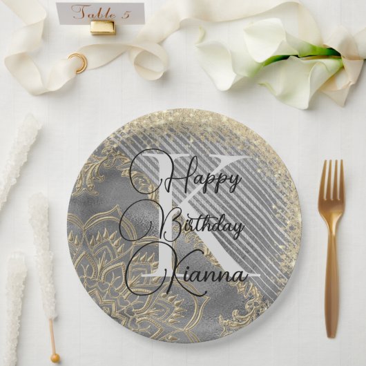 Gouden Silver Glitter Mandala Monogram Verjaardag Papieren Bordje (Huwelijk)