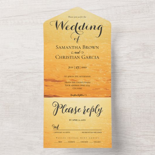 Gouden sinaasappel zomer zee golven bruiloft all in one uitnodiging (Binnen)