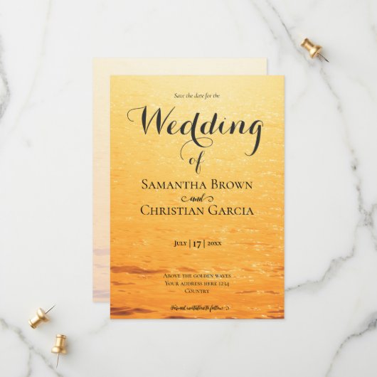 Gouden sinaasappel zomer zee golven bruiloft save the date (Voorkant / Achterkant in situ)