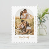 Gouden Sint-Jakobsschelp Save The Date Huwelijksfo (Staand voorkant)