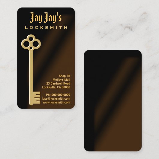 Gouden skelet Key Verticaal Slotenmaker Visitekaar Visitekaartje (Voorkant / Achterkant)