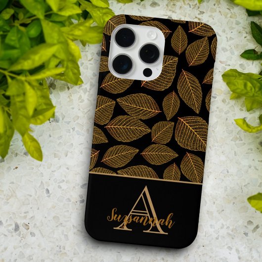Gouden skeletonbladeren op zwart aangepast monogra Case-Mate iPhone case