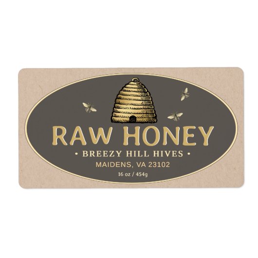 Gouden Skep Honingbijen Raw Honey Label Kraft Brow (Voorkant)