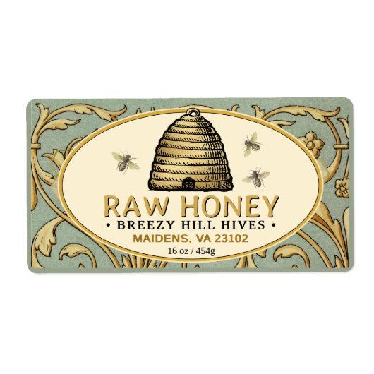 Gouden Skep met Honingbijen Rechthoek Honing Etiket (Voorkant)