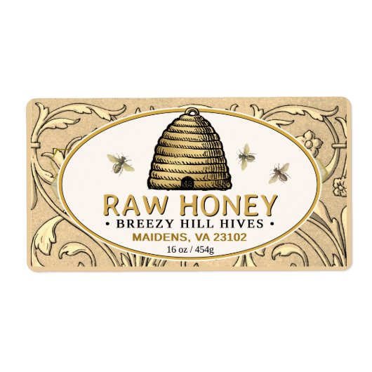 Gouden Skep met Honingbijen Rechthoek Honing Etiket (Voorkant)