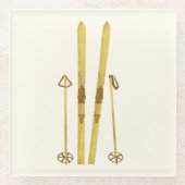 Gouden ski's en palen | Retro ski-illustratie Glazen Onderzetter (Voorkant)