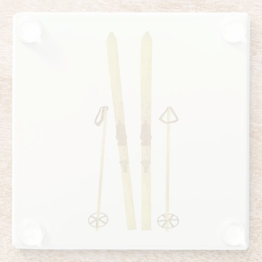 Gouden ski's en palen | Retro ski-illustratie Glazen Onderzetter (Achterkant)