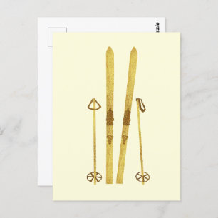 Gouden ski's en palen   Retro Ski Illustration Cre Briefkaart