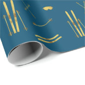 Gouden ski's en palen | Retro ski patroon blauw Cadeaupapier (Rol Hoek)