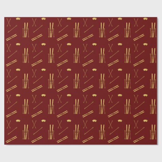 Gouden ski's en palen | Retro ski patroon rood Cadeaupapier (Vlak)