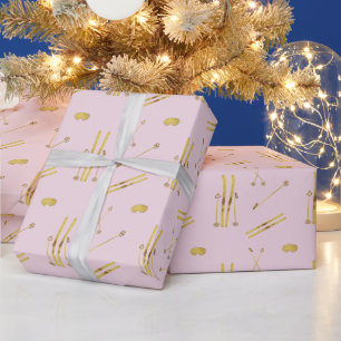 Gouden ski's en palen Retro ski patroon roze Cadeaupapier
