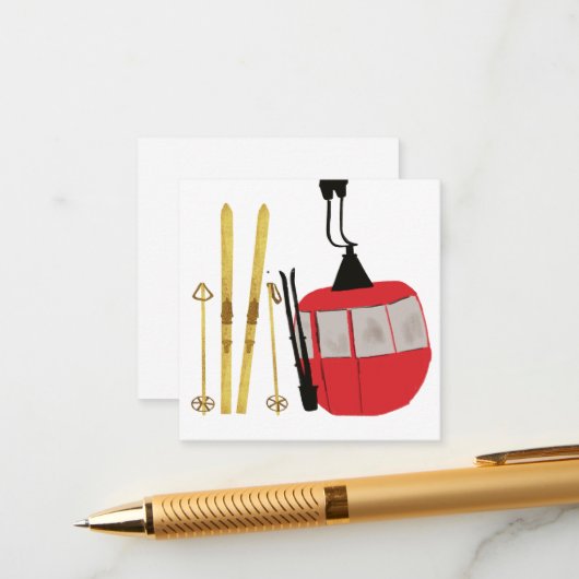 Gouden ski's en palen | Retro skilift vakantie Informatiekaartje (Voorkant / Achterkant in situ)