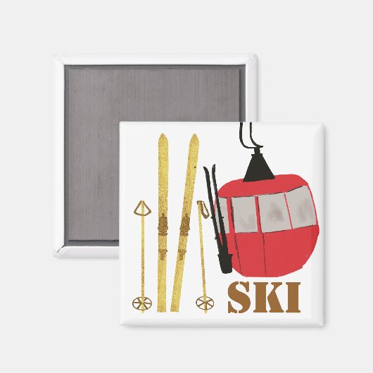 Gouden ski's en palen | Retro skilift vakantie Magneet (Voorkant / Achterkant)