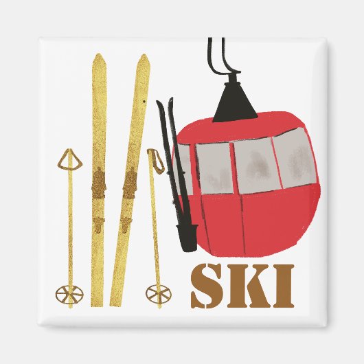 Gouden ski's en palen | Retro skilift vakantie Magneet (Voorkant)