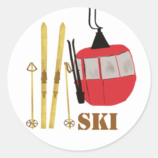 Gouden ski's en palen | Retro skilift vakantie Ronde Sticker (Voorkant)