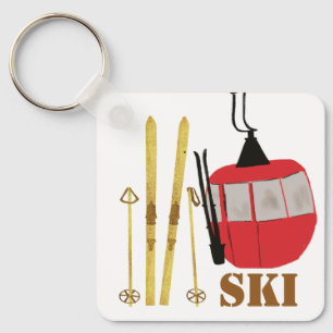 Gouden ski's en palen   Retro skilift Vakantie Roz Sleutelhanger