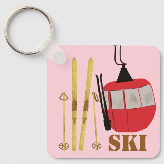 Gouden ski's en palen | Retro skilift Vakantie Roz Sleutelhanger (Voorkant)