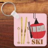 Gouden ski's en palen | Retro skilift Vakantie Roz Sleutelhanger (Voorkant)