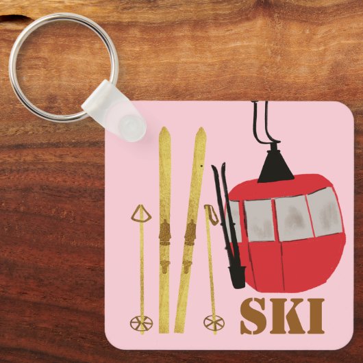 Gouden ski's en palen | Retro skilift Vakantie Roz Sleutelhanger (Voorkant)