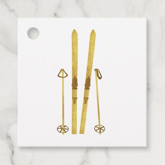 Gouden ski's en palen | Retro skivakantie Bedankjes Labels (Voorkant)