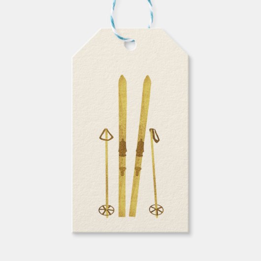 Gouden ski's en palen |  skicrème cadeaulabel (Voorkant)