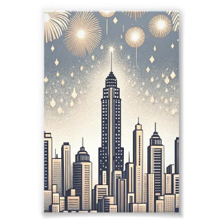 Gouden Skyline Nieuwjaarsvuurwerkkaart Foto Afdruk