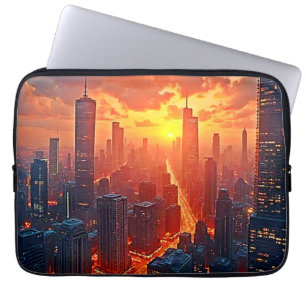 Gouden Skyline: Stralende Stads Zonsondergang Kuns Laptop Sleeve