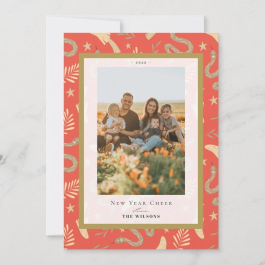 Gouden Slang & Paddenstoel 2 Foto Chinees Nieuwjaa Feestdagenkaart (Voorkant)