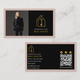 Gouden Sleutel Foto Real Estate Agent QR Code Roze Visitekaartje