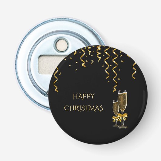 Gouden Slierten & Champagne Kerstmis Button Flesopener (Voorkant)