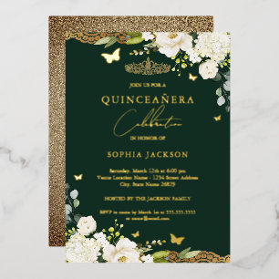 Gouden Smaragd Bloemrijke Kant Quinceanera Verjaar Folie Uitnodiging