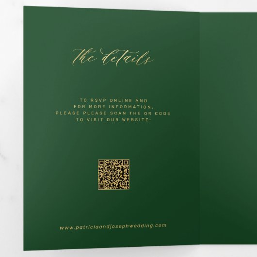 Gouden smaragd foto bruiloft RSVP details QR code Drieluik Uitnodiging (Binnenzijde eerst)