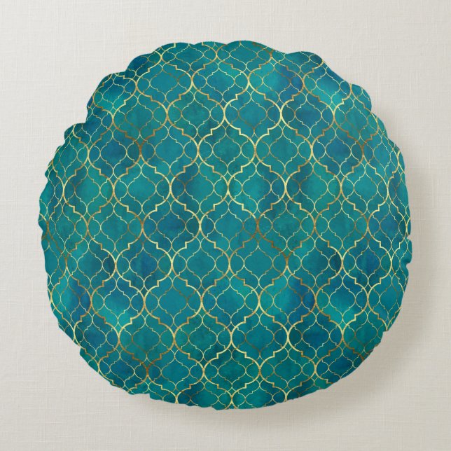 Gouden Smaragd Geometrie Rond Kussen (Voorkant)