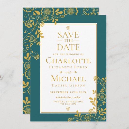 Gouden Smaragd Victoriaanse Bloemensluiers Bewaar Save The Date (Voorkant / Achterkant)